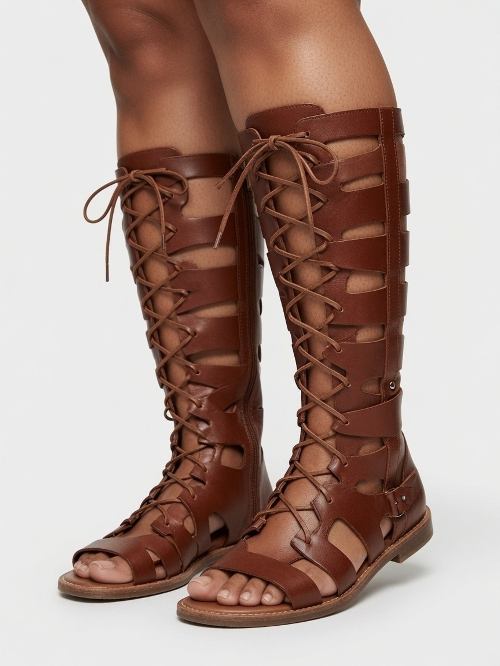 Women's Brown Knee-High Lace-Up Gladiator Sandals
